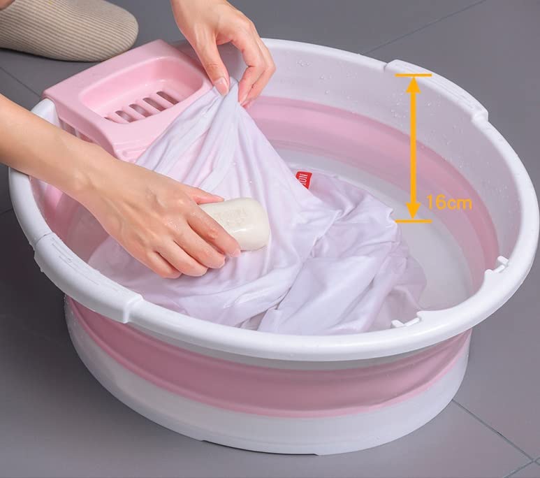 GRTG Lavabo plegable + tabla de lavandería, redondo, adecuado para lavar la ropa con la mano (color: rosa, tamaño: 1 unidades)