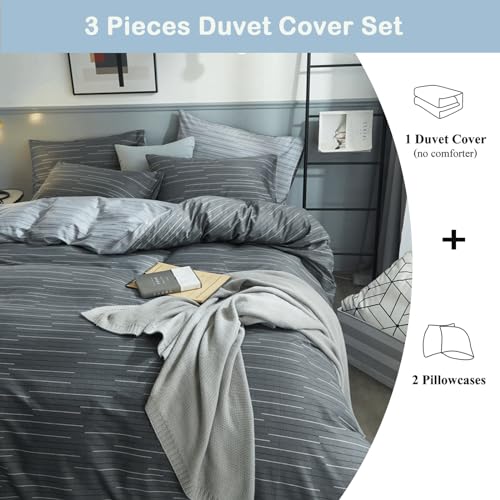 Image of VM VOUGEMARKET Grey Stripes Duvet Cover King Modern Men Bedding Set with 2 Pillow Shams -100% Cotton Reversible Luxury Boys Comforter Cover with Zipper Closure 104X90 Inch