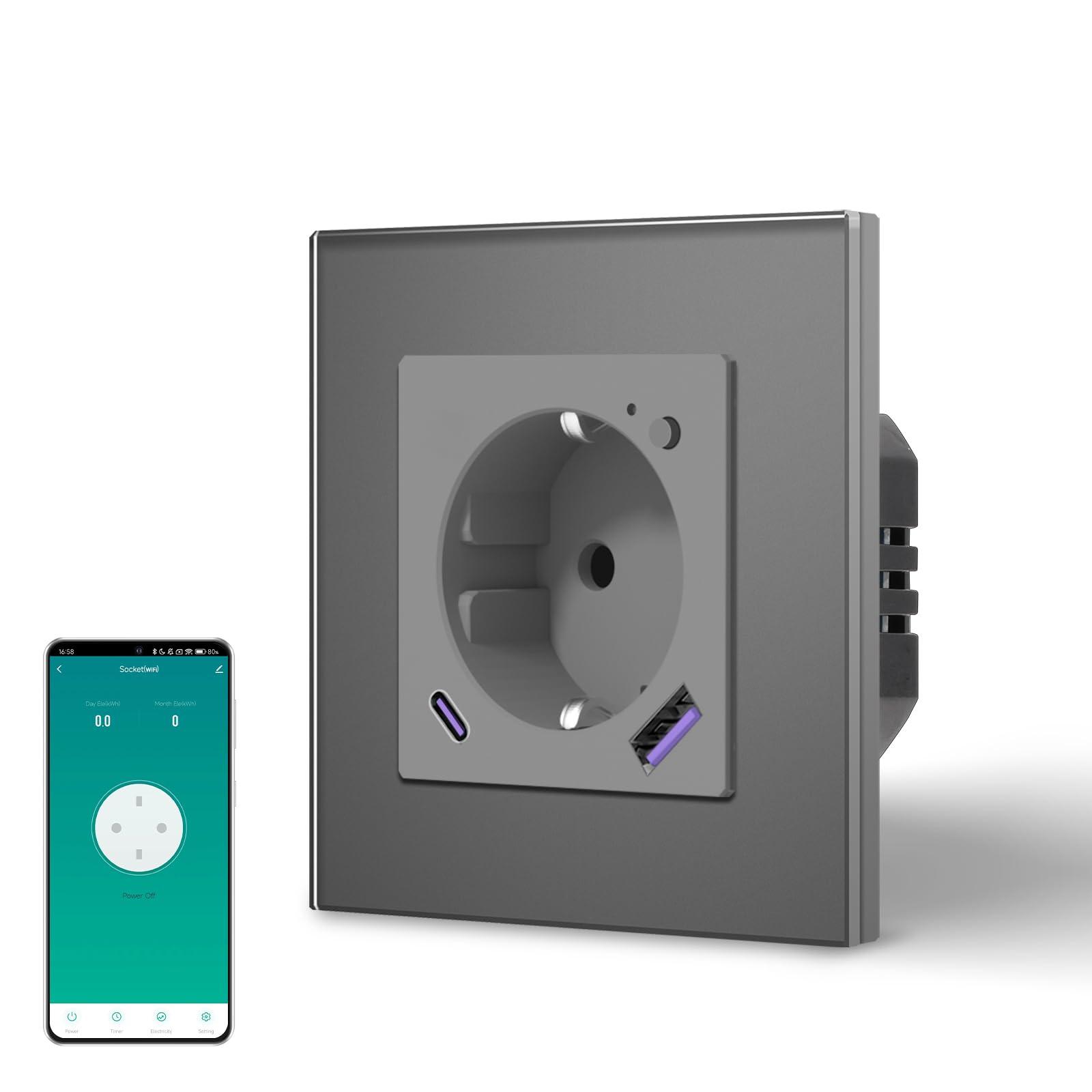 BSEED Enchufe Inteligente con 20W USB y Tipo C,Mate Enchufe Pared Wifi con Medidor Consumo,Control Remoto por APP & Voz,Requiere Cable Neutro,1 Enchufe,Blanco 86mm — view 77