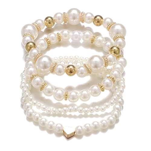 Chunky Simulated Pearl Stackable Stretch Bracelet Set Beaded Ball Adjustable Multilayered Elastic Bangles for Women Wedding Jewelry (Style 1, Set of 4)