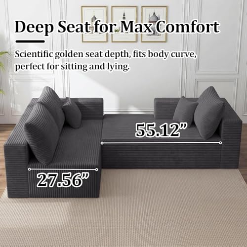 Image of 118 inch Modular Sectional Sofa with Chaise and Ottoman, Oversized U-Shaped Corduroy Cloud Couch, Deep Seat Boneless Couch for Living Room, No-Assembly - Grey(Left Facing Chaise)