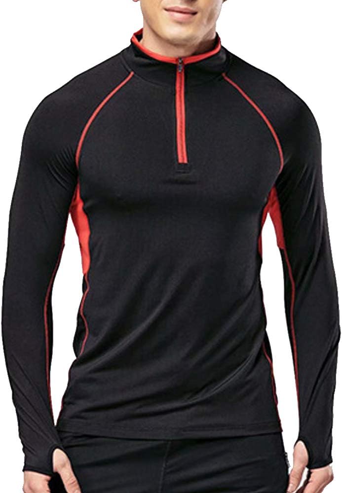 Muscle Alive Men's Quarter Zip Running Active T Shirts Workout Long Sleeve Jersey with Thumb Holes Polyester and Spandex