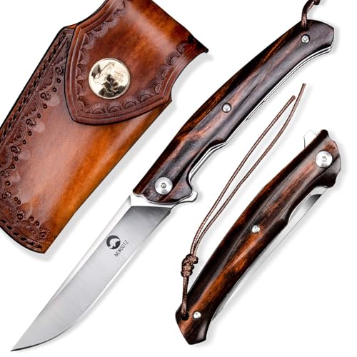 NEWOOTZ Böhler M390 Folding Pocket Knife - EDC Knife for Men with Ironwood Handle & Leather Sheath, Outdoor Ca