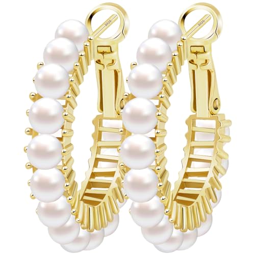 GLOQUAT 14k Gold Plated Freshwater Pearl Hoop Earrings for Women S925 Silver Post Hypoallergenic Vintage Pearl Hoops for Women Trendy Everyday Earrings with Pearl Gold Hoop Earring Lightweight Jewelry