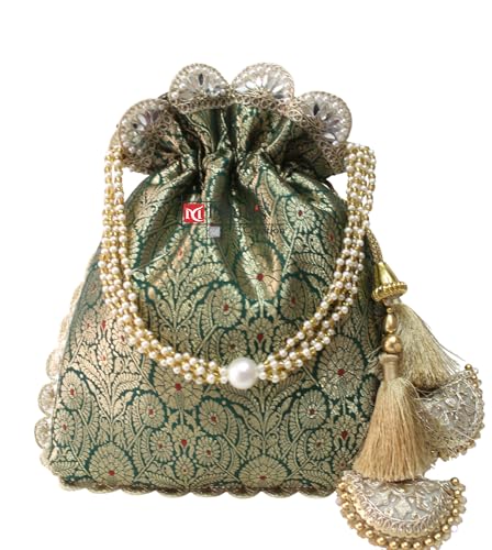 Image of MILAN'S CREATION Pure Banarasi Potli Silk Brocade Bag Purse Drawstring Women's handbag with Pearl Handle & Tassel Weddings