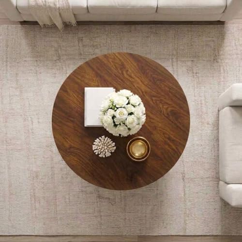 Image of 2-Tier Round Coffee Table with Open Storage Shelf Wooden Tabletop Metal Frame Simple & Modern End Table for Small Space Center Table for Living Room Golden Brown
