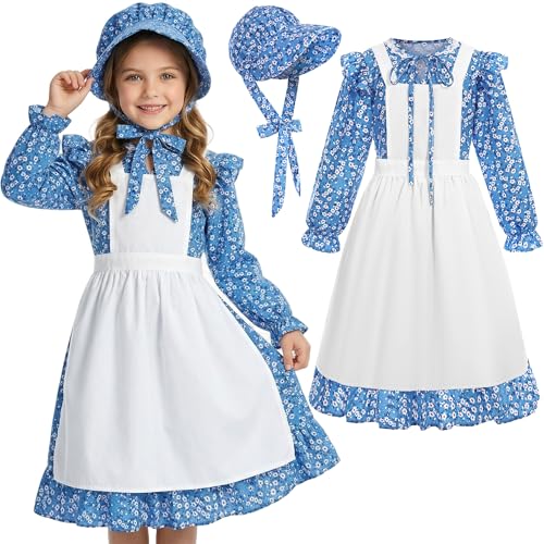 Disfraz infantil de pionera floral con delantal y gorro miniatura 1