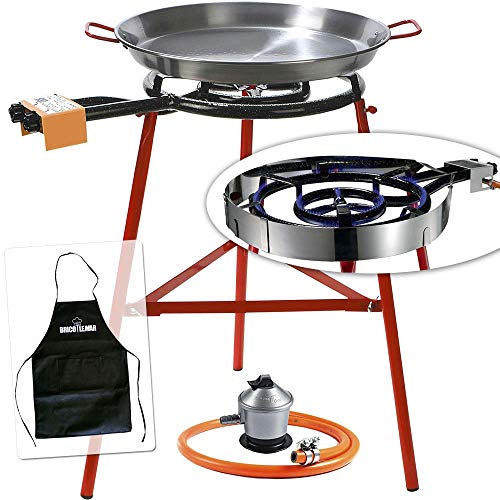 Set paellero 40 cm Garcima Bricolemar avec paella 42 cm, support renforcé, régulateur, tuyau à gaz et pare-vent Kabra + tablier gratuit