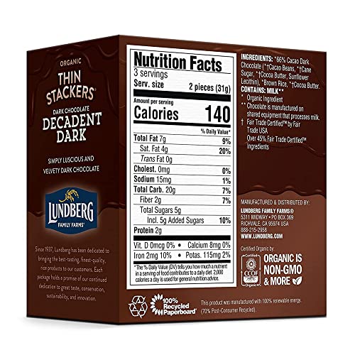 Lundberg - Organic Thin Stackers With Decadent Dark Chocolate, Whole Grain, Kosher, Usda-Organic, Non Gmo Project Verified, Fair Trade Certified Ingredients, Gluten-Free (3.3 Oz, 6-Pack) #TOP1