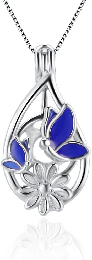 Blue Butterfly Teardrop Cage Pendants for Pearl Jewelry Making Sterling Silver, Design Cage Pendants for Women