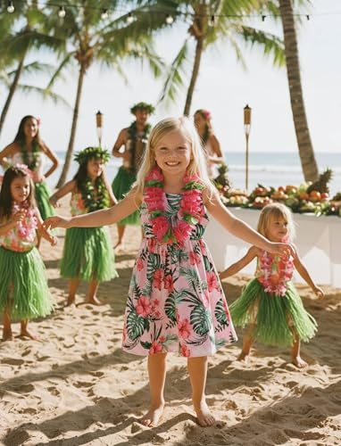 Image of PATPAT Girls Summer Dress Hawaiian Floral Beach Tropical Sundress 2-7 Years | Midi Spaghetti Strap Dress with Lining