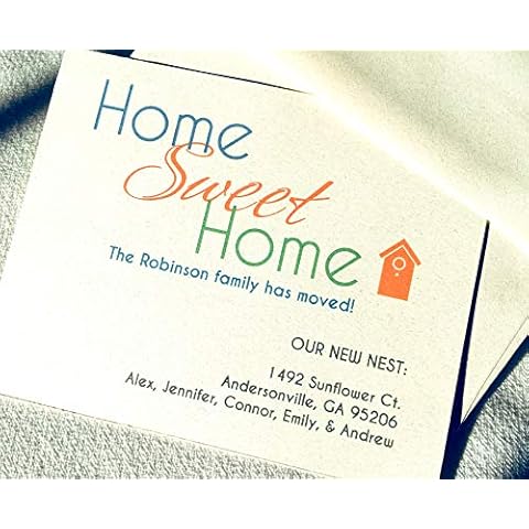 Pen & Pad Stationers Personalized New Home Announcements w Envelopes. Set of 50 or 20. Quality Contemporary Ivory Card Stock. Flat Cards, Blank on back. Optn'l Return Address Labels (20 Pack) Cover