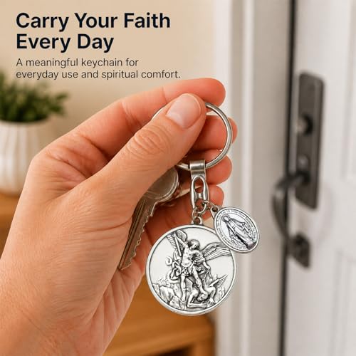 Image of St Michael Medals With Virgin Mary Keychain,Saint Michael With Mother Mary Medal for Car,Catholic Religious Keychain,Medalla De La Virgen Milagrosa Adornos Llaveros Para Carros De Mujer Hombre