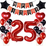 🎈Perfectas decoraciones de cumpleaños: 1 juego x pancarta "Feliz Cumpleaños", 2 x 18'' globos de papel de aluminio de estrella, 2 x 18'' globos de papel de aluminio de corazón, 2 × 32'' globos digitales de papel de aluminio rojo, 6 x 12'' globos rojos, 6 x 12'' globos negros, 6 x 12'' globos rojos de confeti, 1 x cinta de globo.