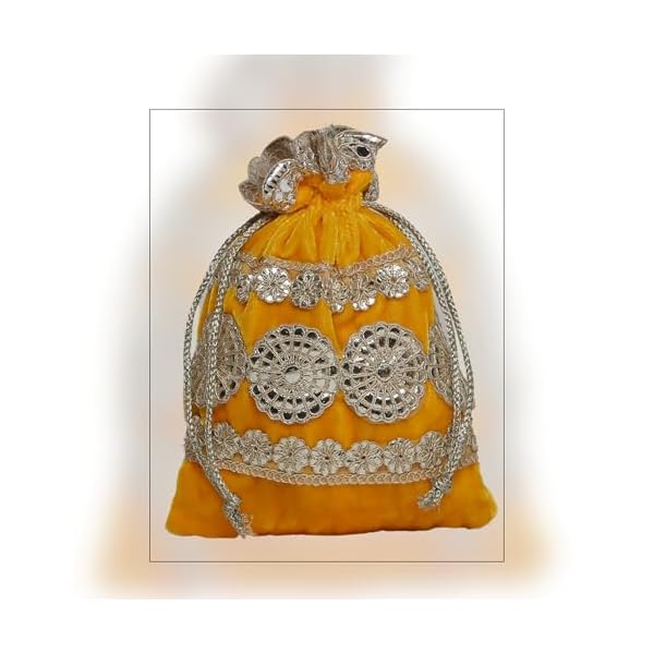 Dulhan DLC Foil Embroidery Velvet Potli set of 15 pc potli combo for marriage gifts in bulk for Wedding, 7x9 Inch Traditional drawstring pouch potli for dry fruits, Yellow Bridal potli bag for ladies. - Image 8