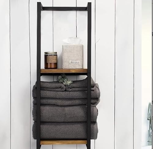 Rustic Bathroom Ladder Shelf, Wooden and Metal Towel Storage Rack, Black