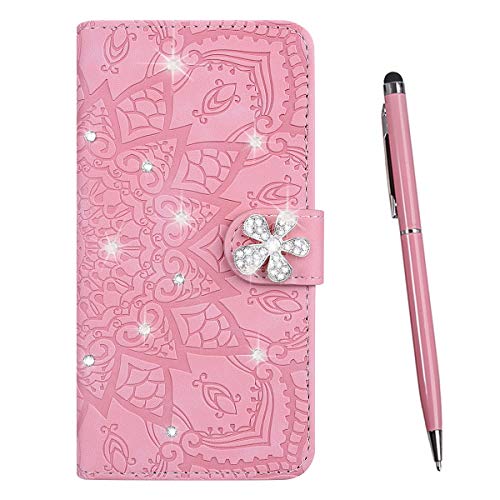 TOUCASA Compatible with Samsung Galaxy Note 9 Case, [Bling Diamond Flower] Notebook Wallet Case Cover PU Leather Shockproof Flip Magnetic Kickstand Card Slots Folio Protection Case (Pink)