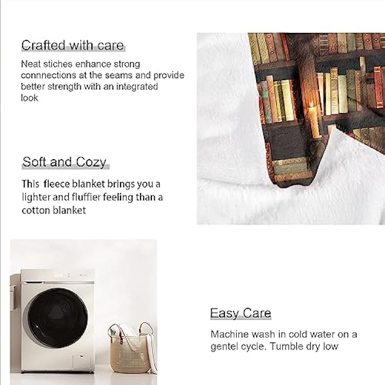 Blanket with Books on It, Soft Warm Fleece Throw Blankets for Book Lovers Gift Ideas, Vintage Library Bookshelf Candlelight, 40x50