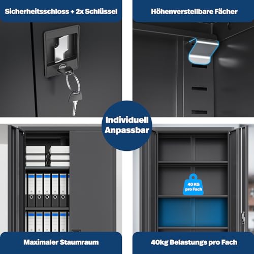 KESSER® Armario archivador con cerradura con puertas batientes 180 x 60 x 40 cm | Armario de oficina de acero con 4 estantes ajustables en altura | Armario multiusos con 5 compartimentos flexibles - imagen 6