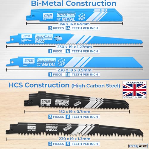 EffektWerk - Reciprocating Saw Blade Set - 10 Pieces - Heavy-Duty HCS Steel Sabre Saw Blades for Wood, Metal & Plastic - 5/6/14/18 TPI 2 EffektWerk - Reciprocating Saw Blade Set - 10 Pieces - Heavy-Duty HCS Steel Sabre Saw Blades for Wood, Metal & Plastic - 5/6/14/18 TPI - Image 2