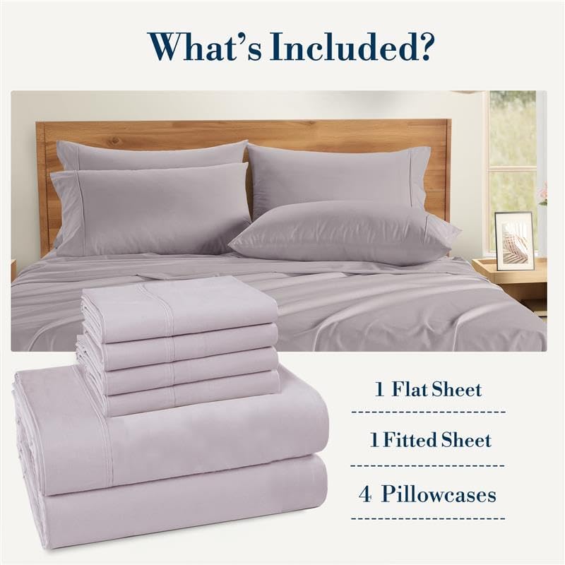 Casa Platino 100% Cotton Queen Size Sheets – Crisp Percale Sheets Queen with 4 Pillowcases, with 15" Deep Pocket Sheet for Secure Fit, Ultra Soft & Cozy, Excellent Quality & Fit – Grey Lavender - Thumbnail 3