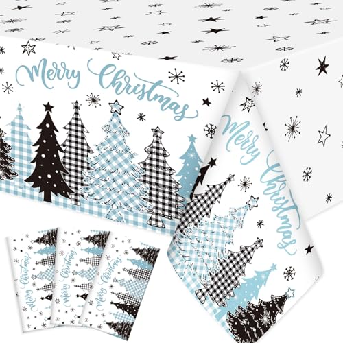 Ganeen 3 Pcs Christmas Tablecloth Disposable Plastic Merry Christmas Trees Table Cloth Snowflakes Star Buffalo Plaid Blue Rectangle Table Cover Waterproof for Xmas Winter Party Decor, 54 x 108 Inch