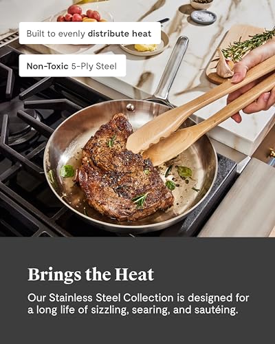Image of Caraway Stainless Steel Cookware Set - 12 Piece 5-Ply Stainless Steel Pots and Pans Set - Includes Fry, Sauce, Saute Pan, Dutch Oven, and Space-Saving Storage - Non Toxic, PTFE & PFOA Free