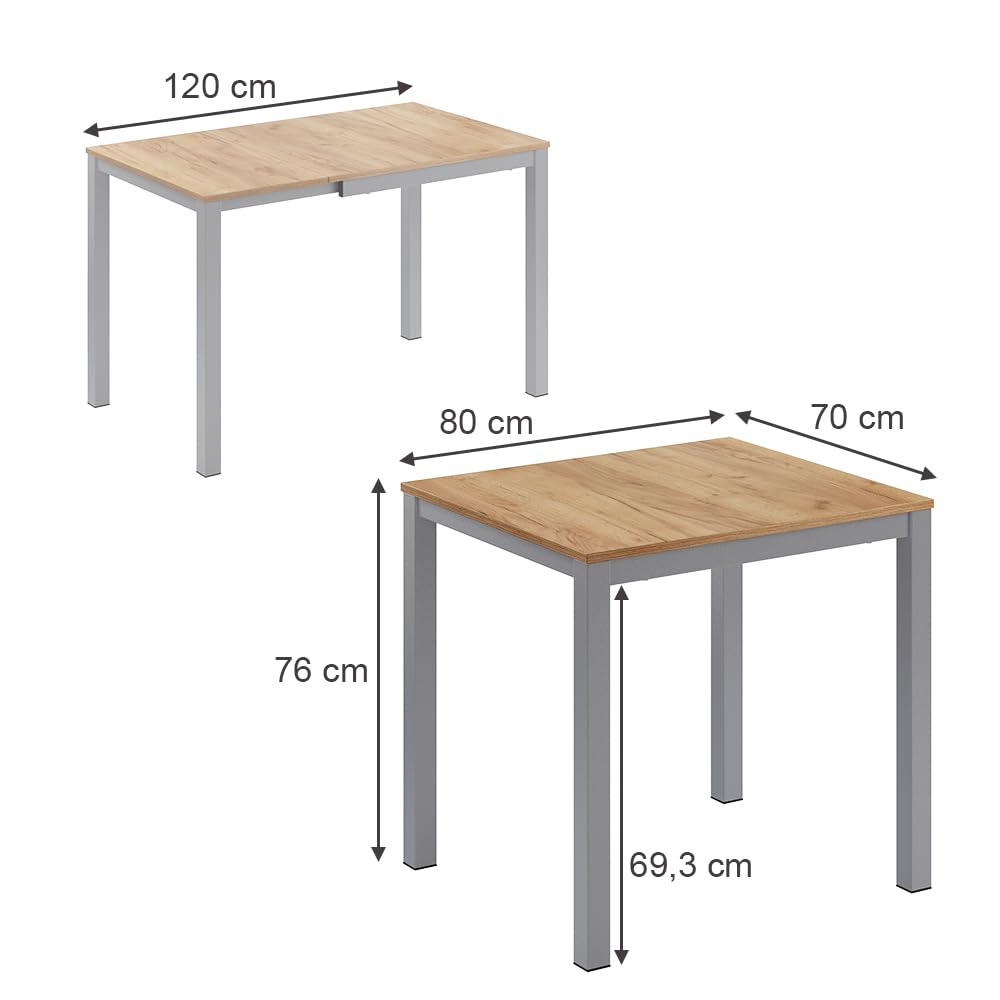 Vicco Table de Salle à Manger Granny, chêne/Gris, 120x70cm Extensible, avec Fonction d’Extension pour des Longueurs de Table Variables