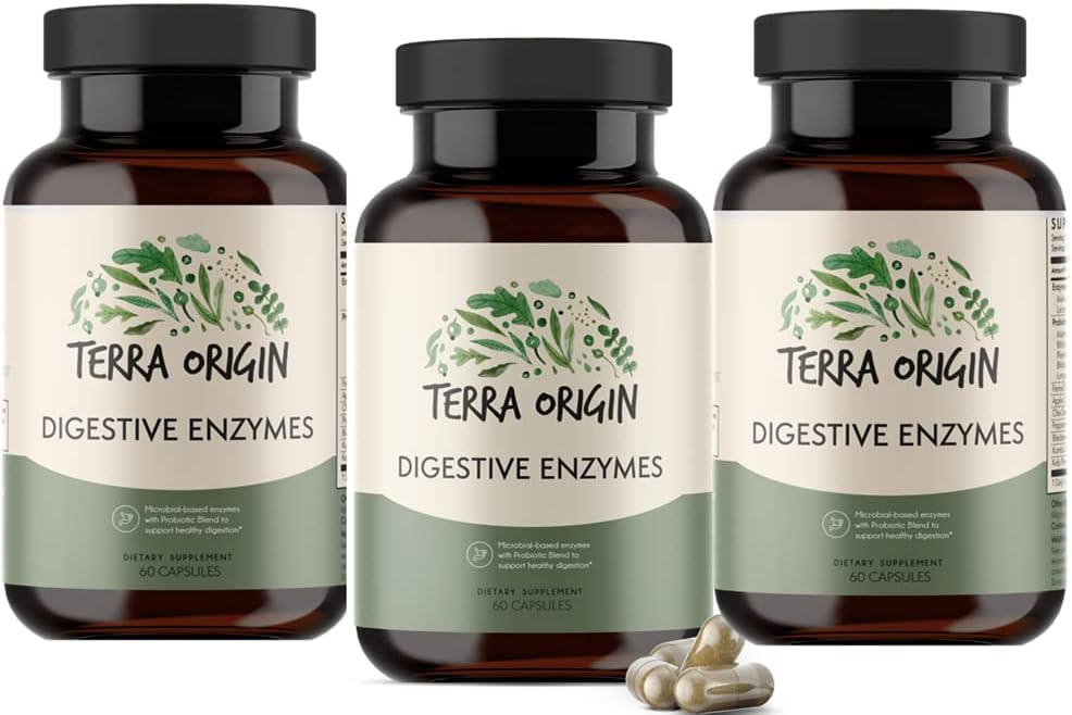 TERRA ORIGIN - Digestive Enzymes with Probiotics | Supports Healthy Digestion | Bromelain, Lactase, Amylase, Lipase | Made in The USA, Gluten-Free | 3 Bottles - 180 Servings