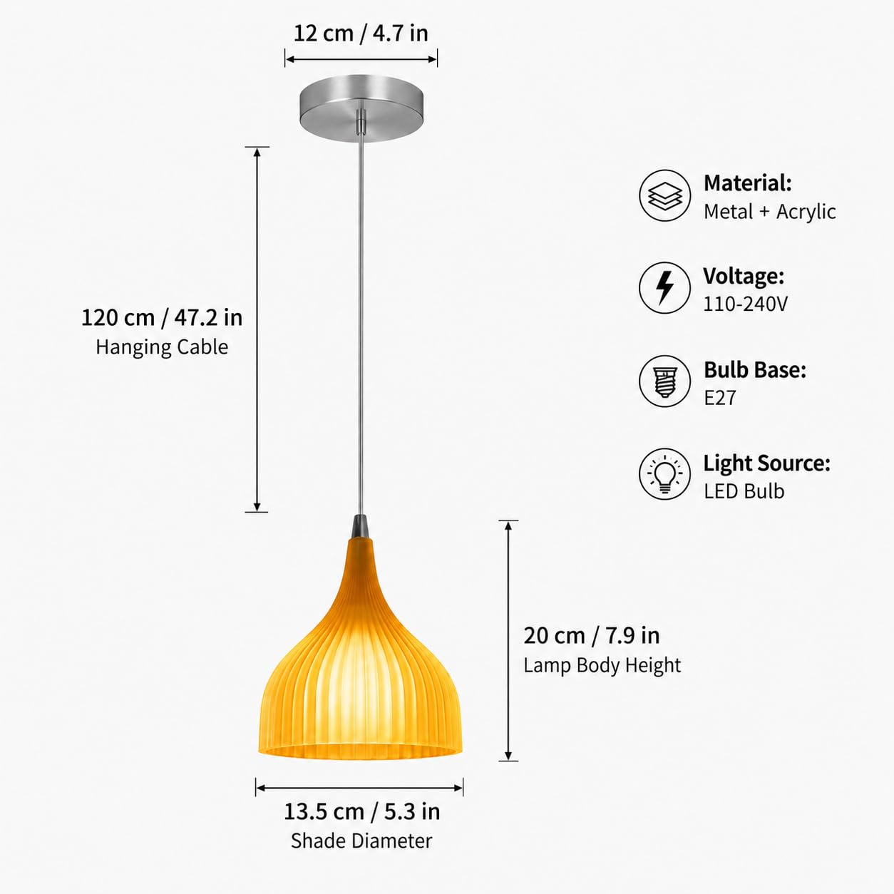 Ceramiczna lampa wisząca, żółty żebrowany klosz dzwonkowy z metalową rozetą, gniazdo E27, regulowany kabel 120 cm, idealny na wyspę kuchenną, jadalnię, sypialnię, korytarz i e