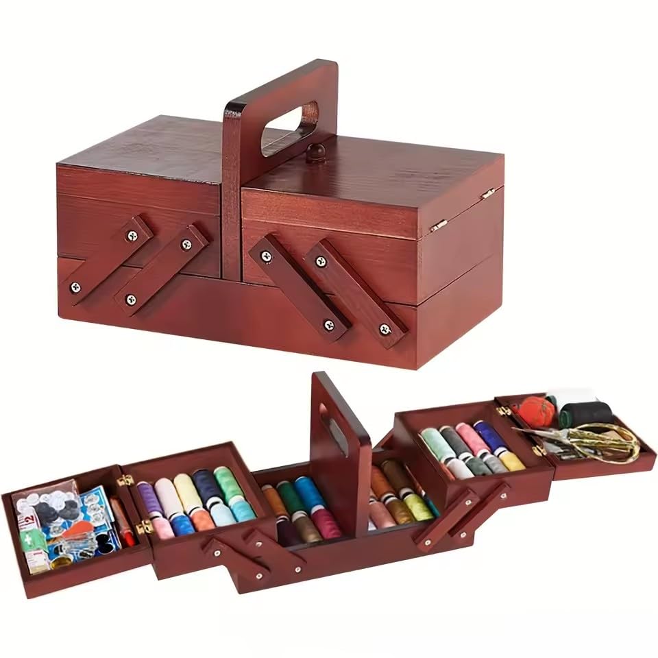 EFFNILIM 1pcs Wooden Expandable Sewing Box Sewing Kit Storage Box with Handle, Embroidery Kit Wooden Sewing Basket