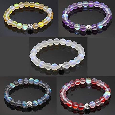 Africanbeads 5Pcs Mystic Mermaid Glass Bracelet with 8 mm Frosted White Glowing Moonstone Beads Stretch Bracelet with Rhistone Love Charm for Women Jewelry (2) Cover