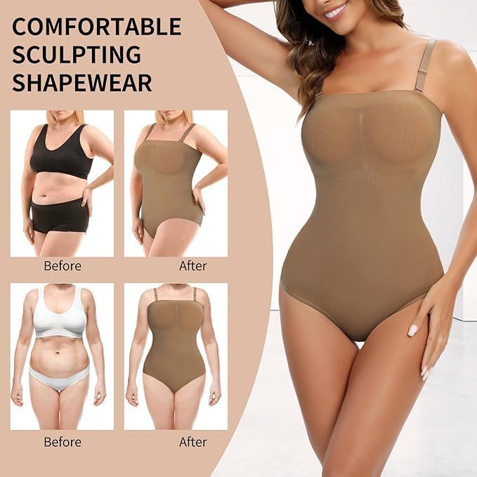 Strapless Shapewear for Women, Tummy Control Bodysuit Under Dress Body Shaper, Coffee, Large - Image 4