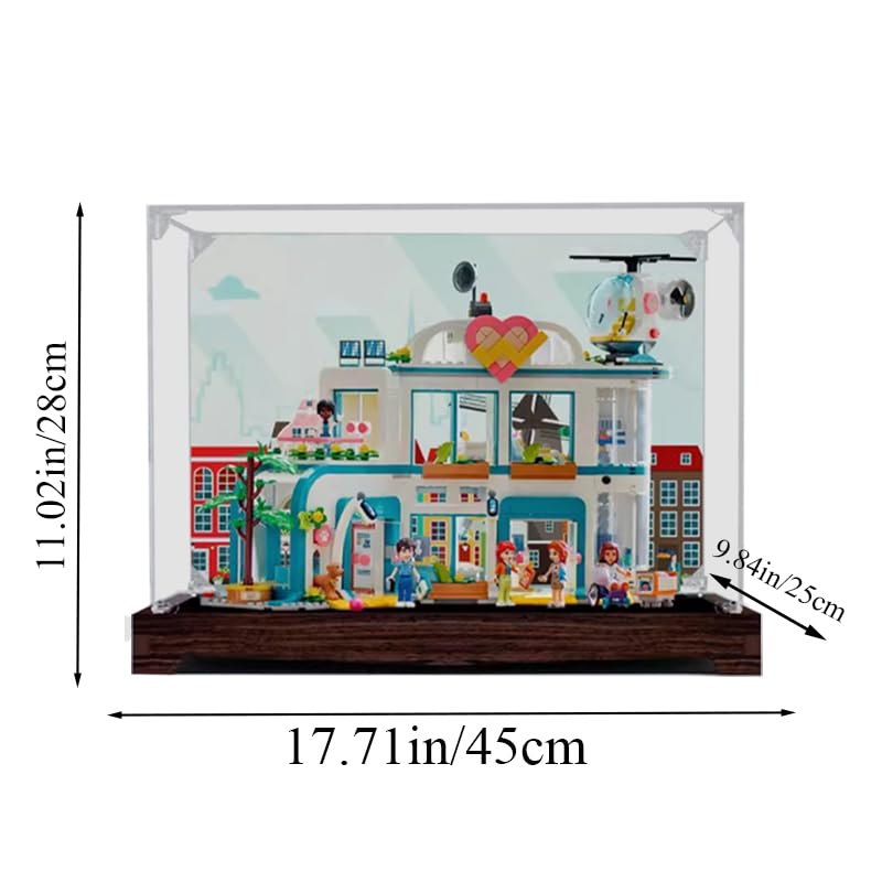 Przezroczysta akrylowa gablota do LEGO Friends 42621 odpowiednia do szpitala miejskiego Heartlake City Hospital pudełko prezentowe (tylko gablota) (spód orzecha włoskiego + tło)