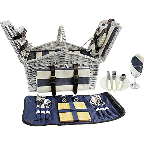 HappyPicnic 'Huntsman' Willow Picnic Hamper for 4 Persons with Double Lids and 'Built-in' Insulated Cooler, Wicker Picnic Basket, Willow Picnic Set(Navy Stripe) Cover