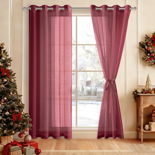 DWCN Lot de 2 Rideaux Voilages à Oeillets pour Fenêtre, Rideau Transparents avec Embrasses pour Salon Chambre d'enfant, Rouge Bordeaux, 140x225cm (Largeur x...