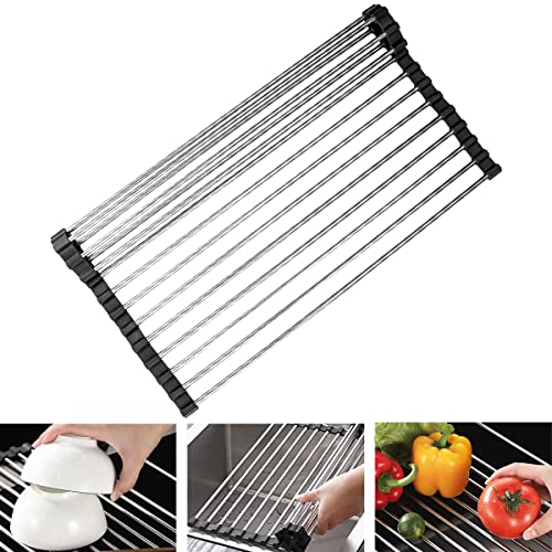 Egouttoir Pliable Vaisselle INOX, 45x30cm Sechoir a Vaisselle Enroulable au-Dessus de l'évier Égouttoir à Vaisselle Pliable, pour Sécher Fruits, Légumes et Assiettes Egoutoire Vessaille Polyvalent