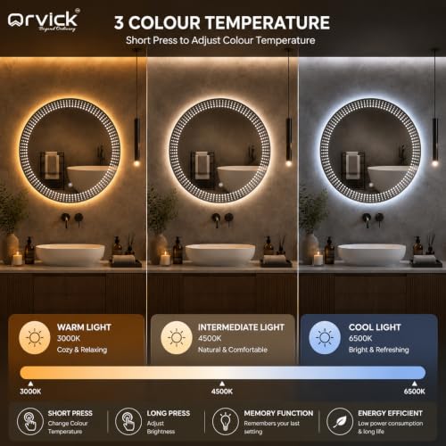 Image of Round Circle Bathroom LED Mirror Backlit with 3 LED Lights Smart Touch Switch Wall Mounted Vanity Mirror Warm White Natural Light (KT-203)