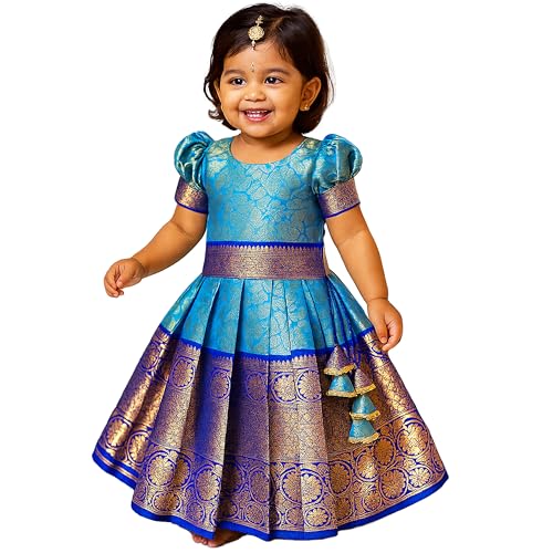 Image of Stanwells Kids Baby Girls Peacock Blue Banarasi Silk Pattu Pavadai Set | Traditional Lehenga Choli with Zari Work | Ethnic Wear for Festive and Wedding Occasions (6–12 Months)