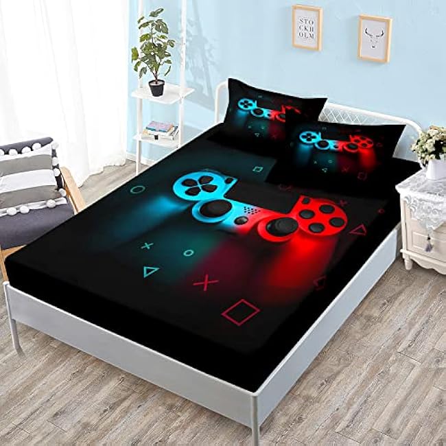 HOSIMA Gaming Bedding Gamepad Fitted Sheet Twin Size and Gamer Bedding Sets for Boys Used to Gamer Room Decor,1 Fitted Sheet+2 Pillowcases.