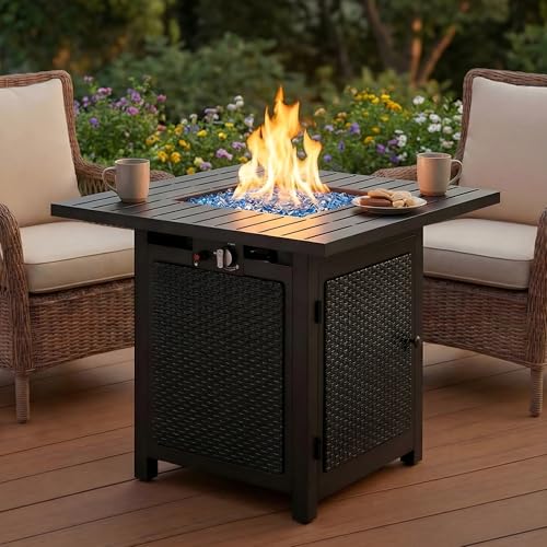 FansaFurn Brasero au propane noir, 50 000 BTU avec couvercle amovible et pierre de lave, table de foyer carrée avec couvercle, 76,2 cm, idéale pour salle à...