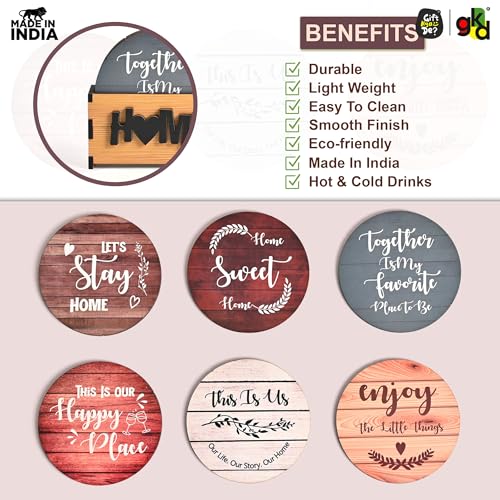 Image of GKD Coaster Set of 6 Home Quotes Design Wooden Coasters with Proper Coaster Stand Designer Coaster Set fit for Tea Cups, Coffee Mugs and Glasses (Round 3.5 x 3.5 inch)
