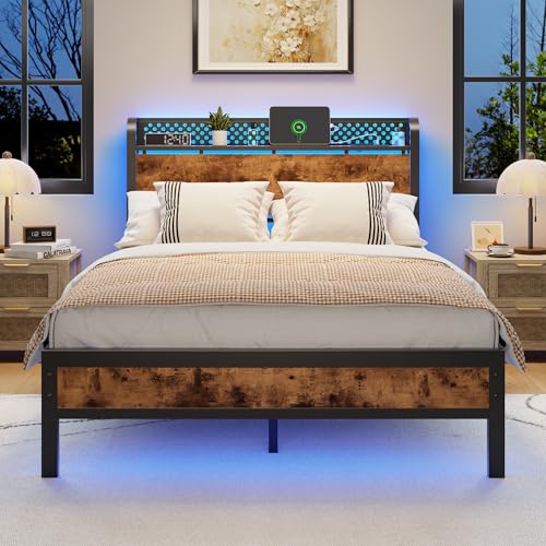 Furnulem Full Size Bed Frame with Storage Headboard, Industrial Platform Bed with Charging Station...