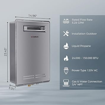 CAMPLUX Climatech 5 Tankless Water Heater Propane Outdoor 5.28 GPM Up to 6.4 GPM, 150,000 BTU On Demand Instant Tankless Hot Water Heater Liquid Propane, Outdoor Installation, WA528, CSA