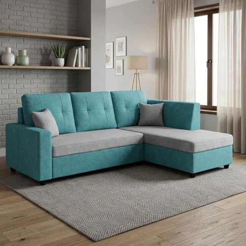 Image of FURNY Nathan 4 Seater L Shape Sofa Set LHS (Sky Blue-Light Grey) | Suede Velvet Finish | Durable Comfort Sofa for Modern Living Room & Office Spaces
