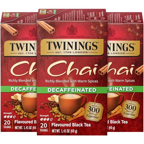 Twinings Decaffeinated Chai Tea, Black Tea Blend with Cinnamon, Ginger, Cardamon, 20 Count (Pack of 3)
