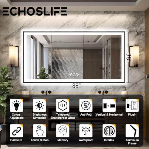 Large 88x38 LED Bathroom Mirrors - Black Aluminum Trim (Front and Backlit), Anti-Fog Vanity Mirror with Lights,Stepless Dimmable Lighted, 3 Colors Smart, Memory (Horizontal/Vertical)