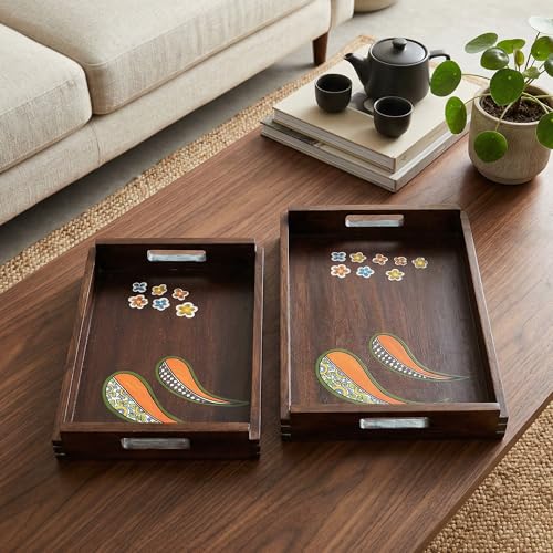 Image of AAKRITI ART CREATIONS Blooming Leaves Serving Trays | Floral Art | Brown Wooden Tray Set of 2 | Glossy Finish Serving Trays | Tray for Dining Table & Kitchen