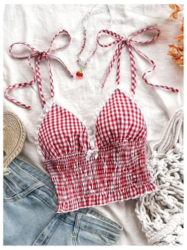 WDIRARA Women's Gingham Cami Crop Tops Plaid Contrast Lace V Neck Camisole Tops3