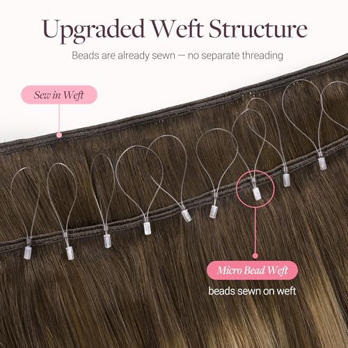 Image of GOO GOO Sew in Hair Extensions Real Human Hair, Micro Beaded Weft Hair Extensions Human Hair, 4 /27 /4 Balayage Chocolate Brown to Caramel Blonde 22 Inch 110g, Natural Volume